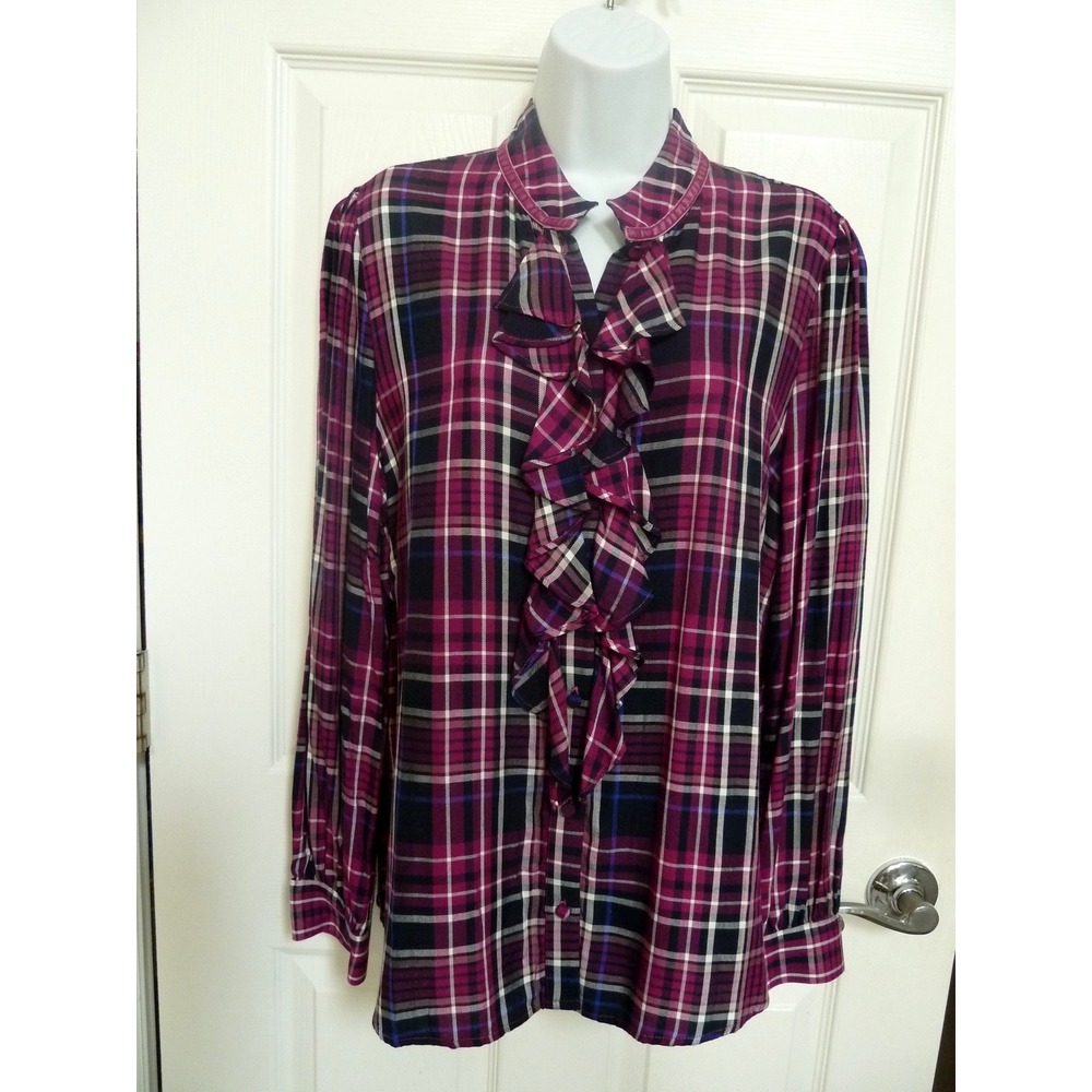 NWT CHICO'S Sz 1=8/10, Med. Ruffle Purple Plaid Blouse Country Cottage Western - Picture 2 of 6